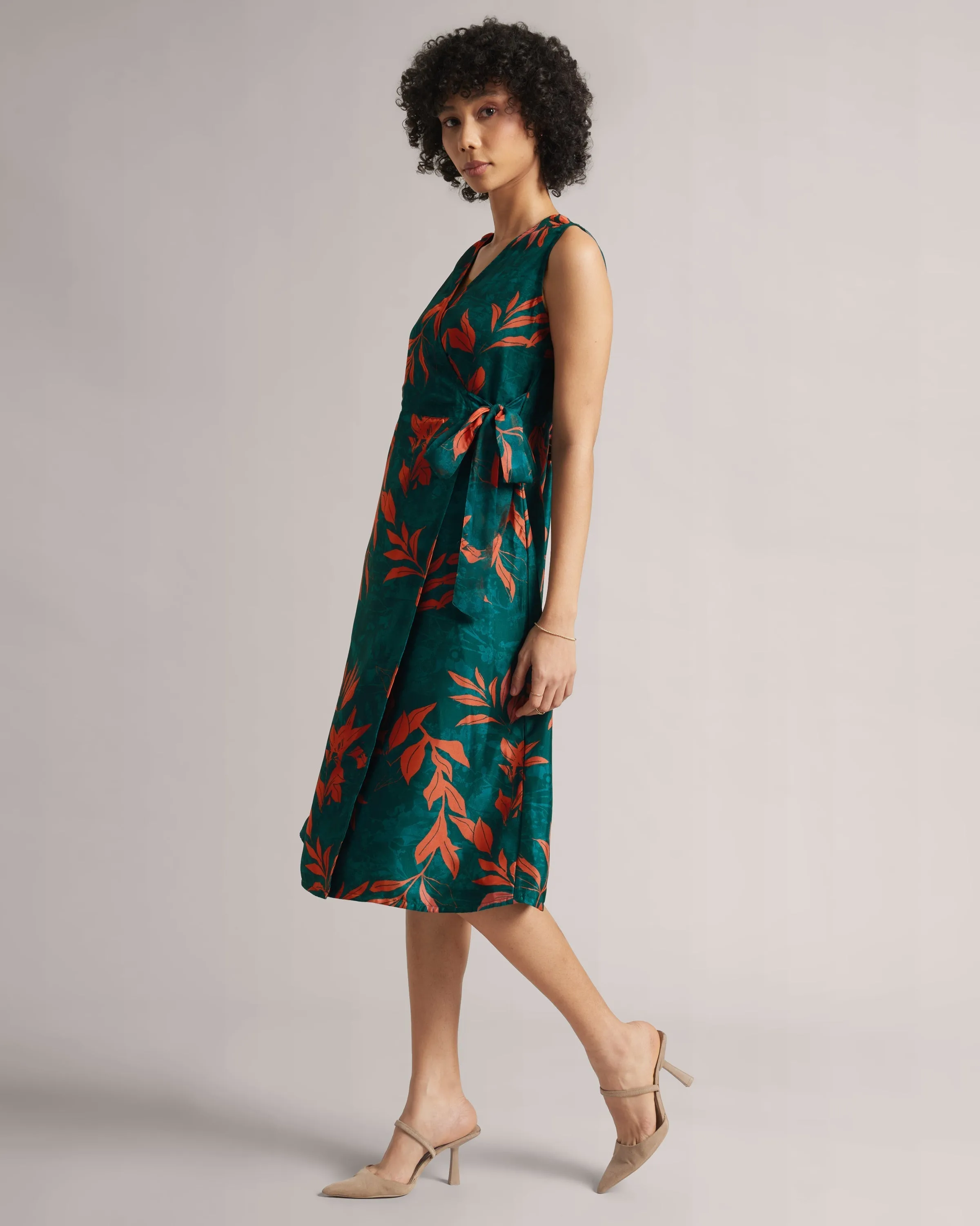 Dark Teal Floral Wrap Midi Dress