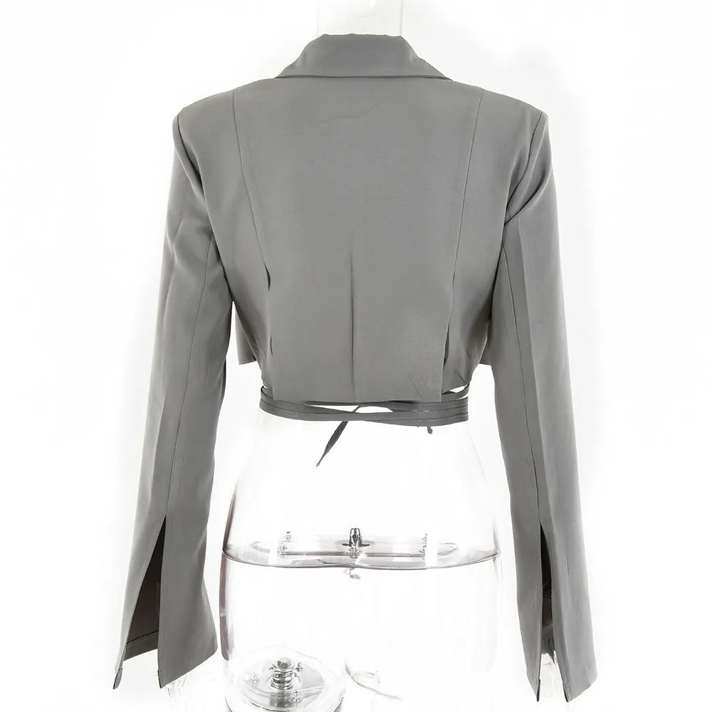 Double Layer Lace Up Coat Blazer Slim Women Gray Long Sleeve Pocket