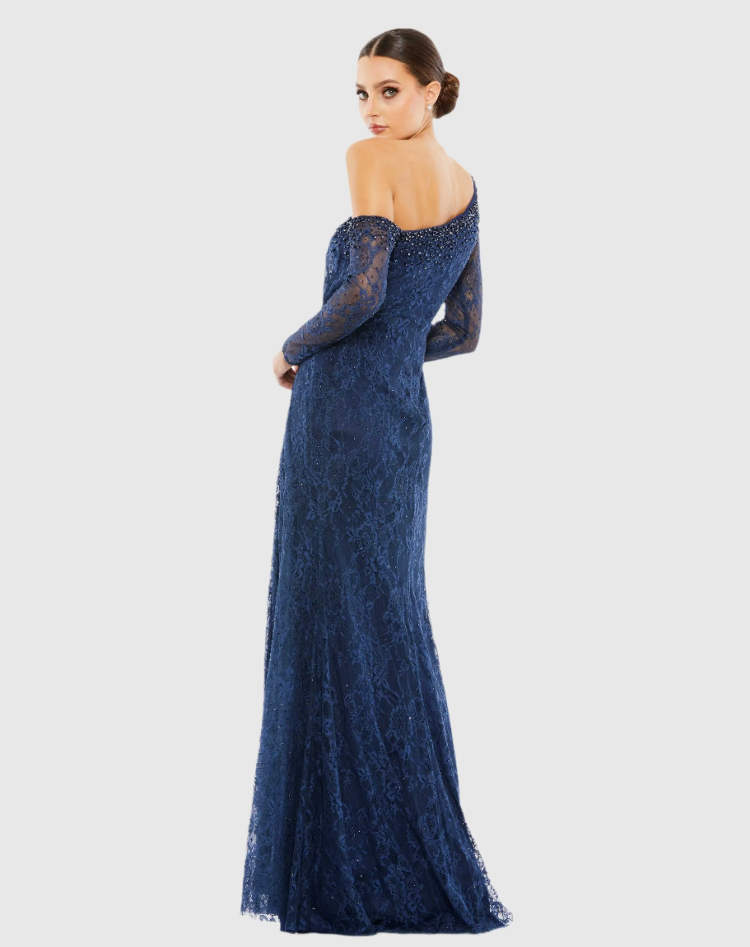 Draped Jewel Encrusted Lace Drop Shoulder Gown