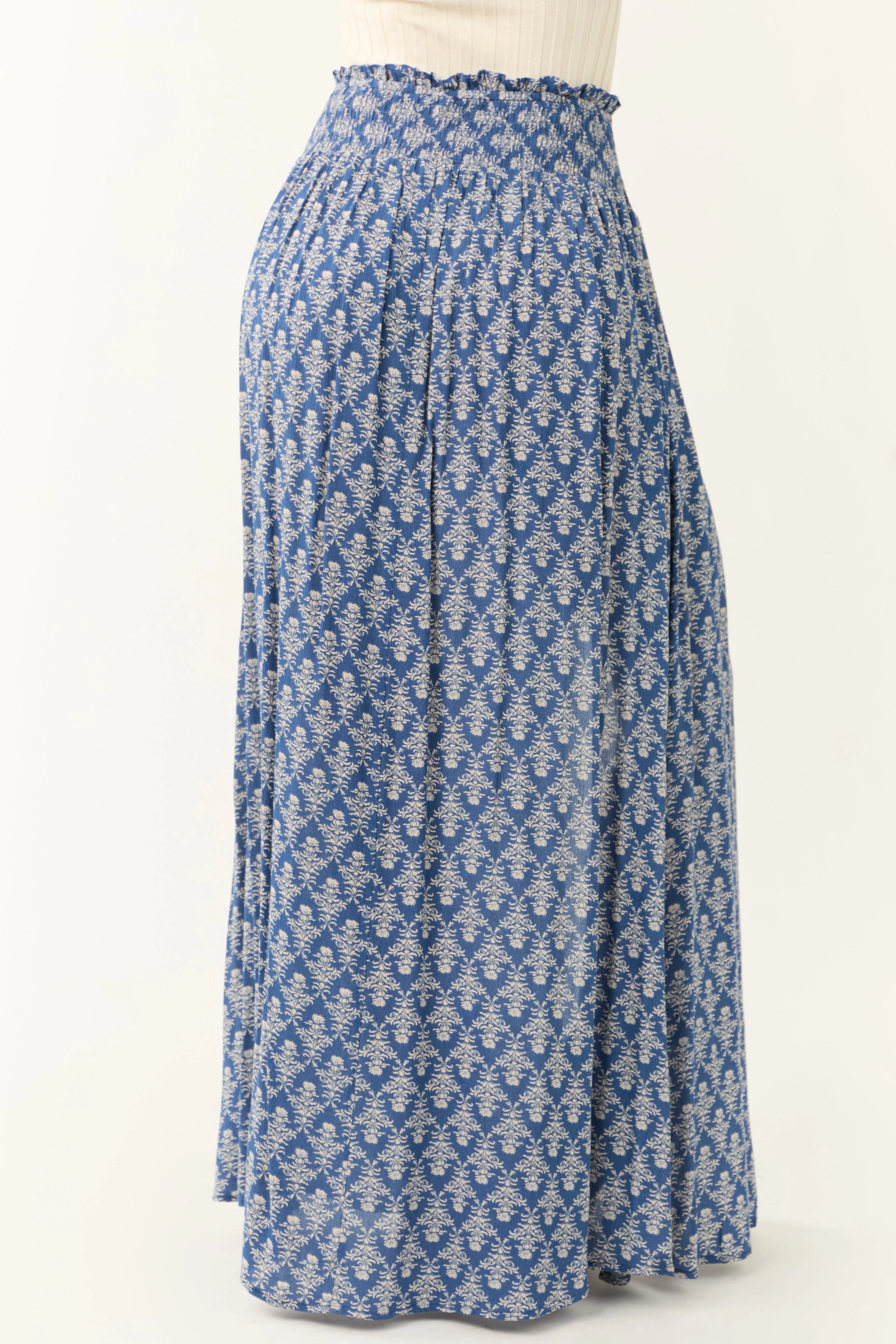 Dusty Blue Abstract Floral Print Maxi Skirt