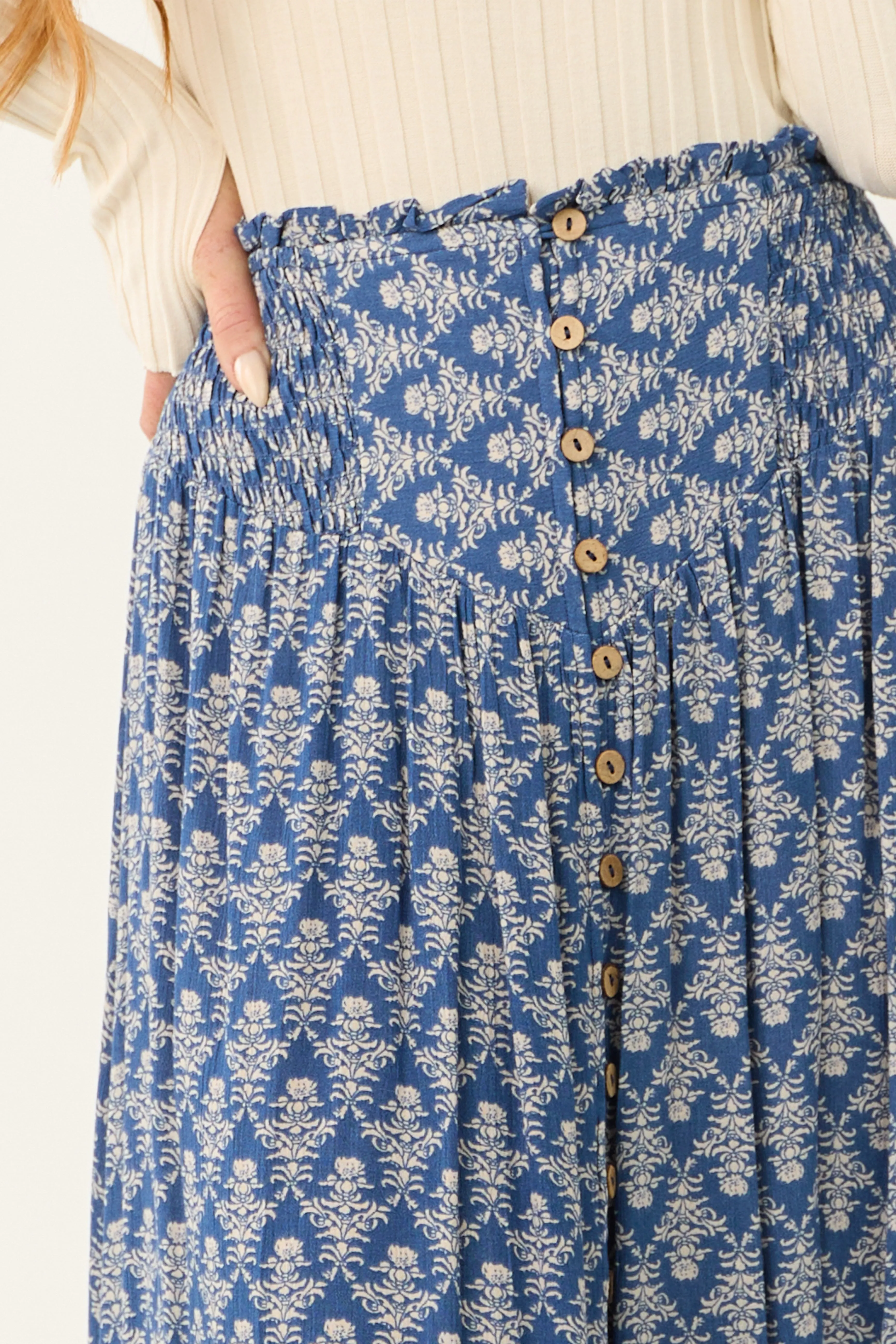 Dusty Blue Abstract Floral Print Maxi Skirt