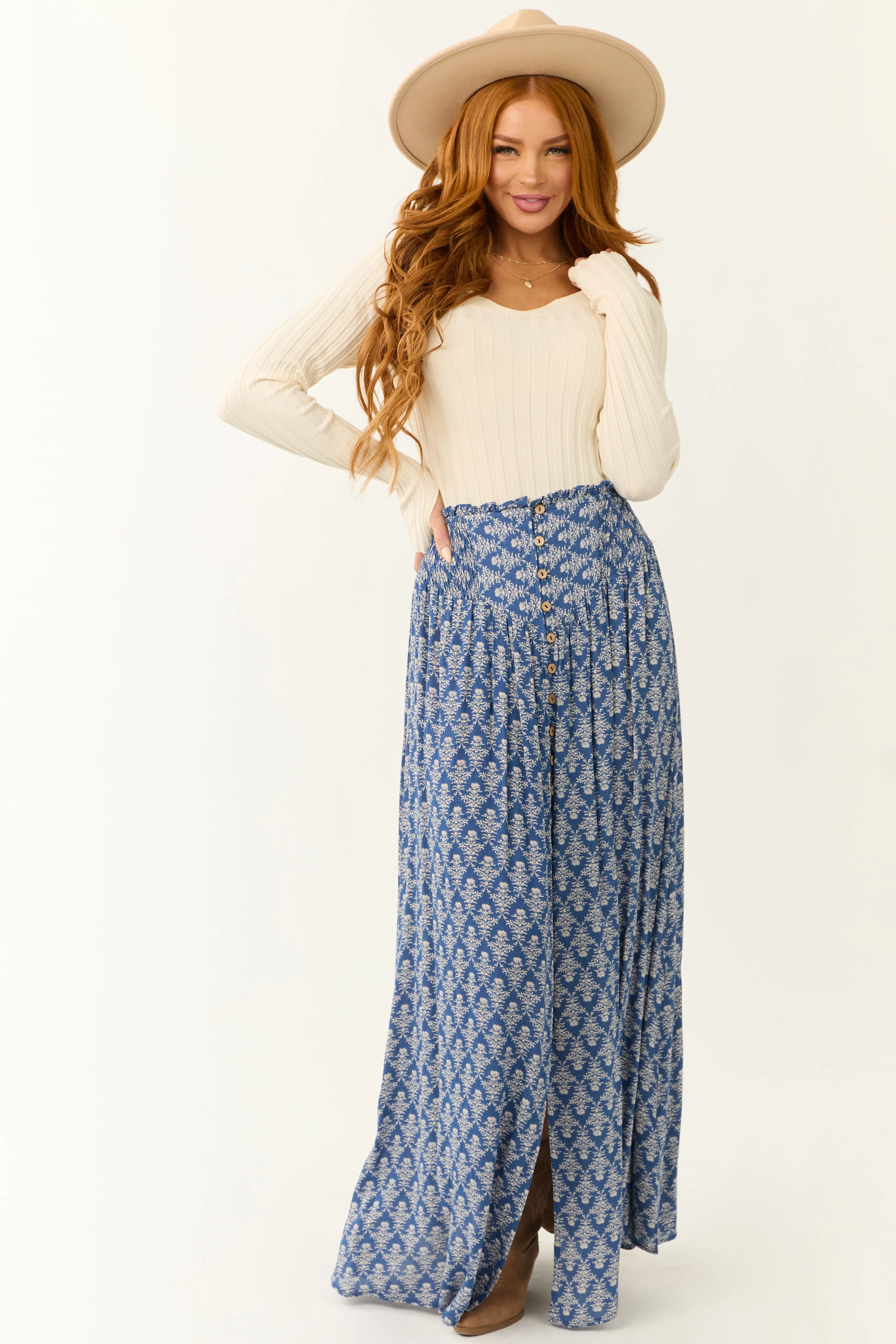 Dusty Blue Abstract Floral Print Maxi Skirt