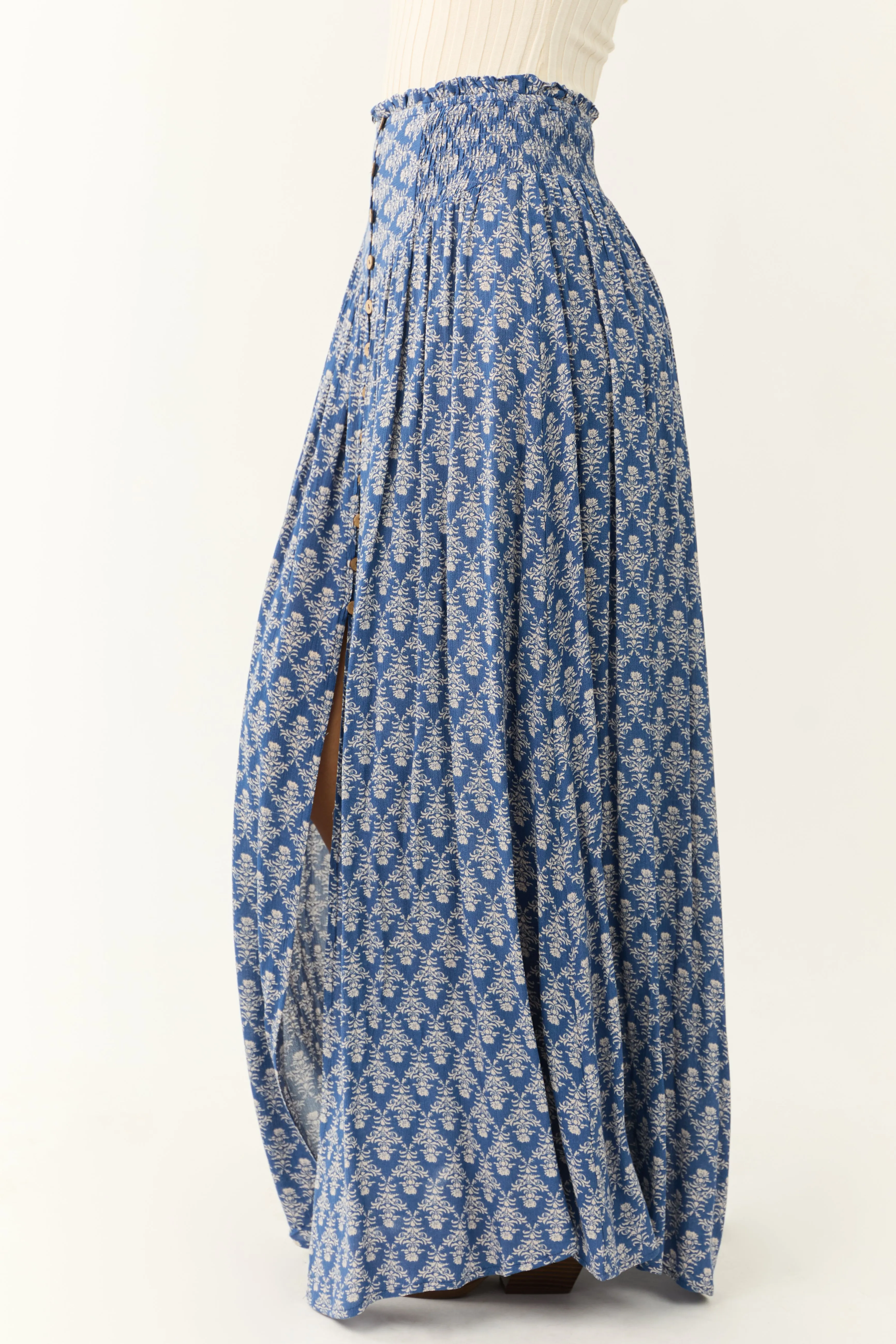 Dusty Blue Abstract Floral Print Maxi Skirt