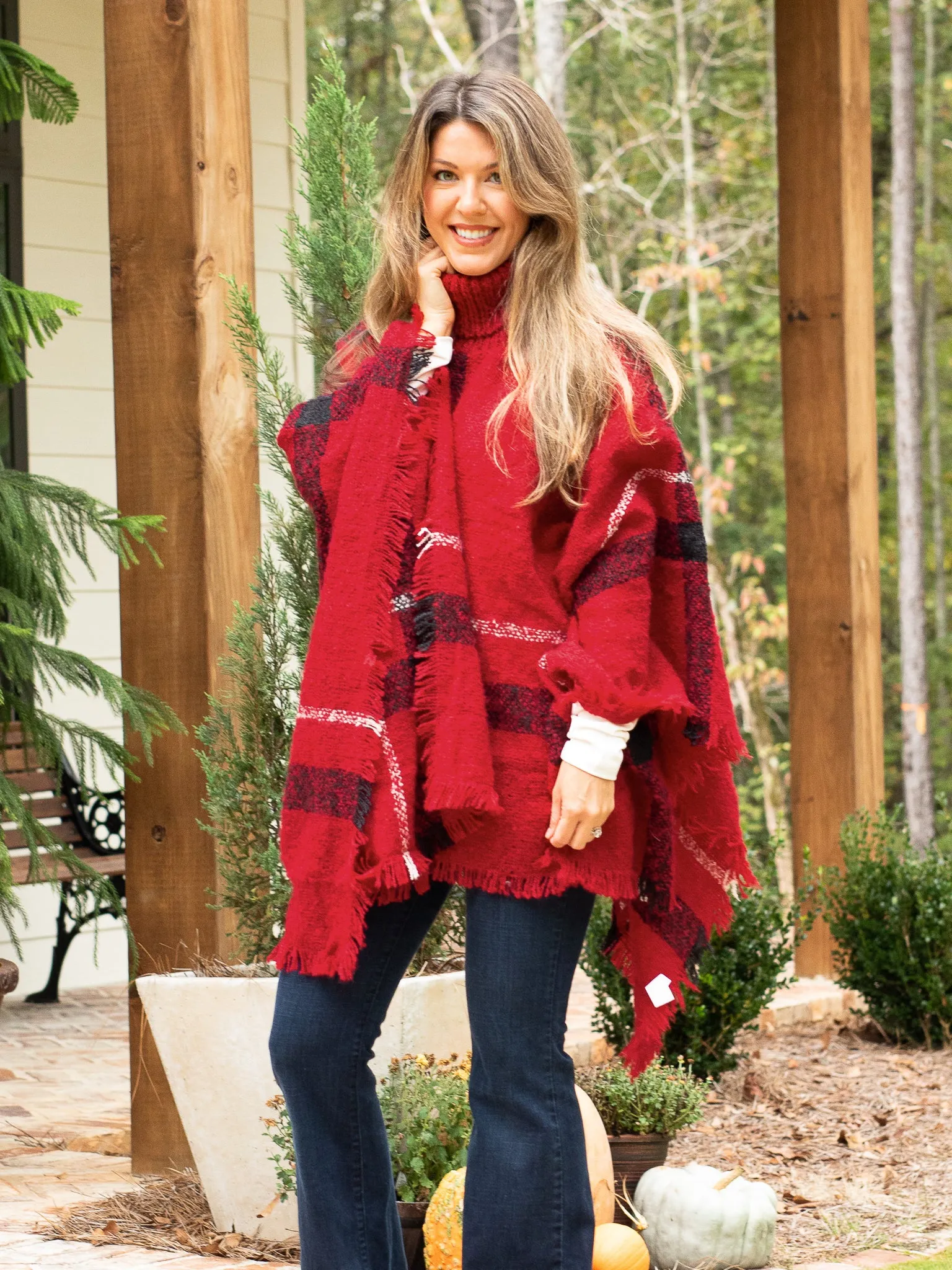 Easy On Me Plaid Turtle Neck Poncho - Red