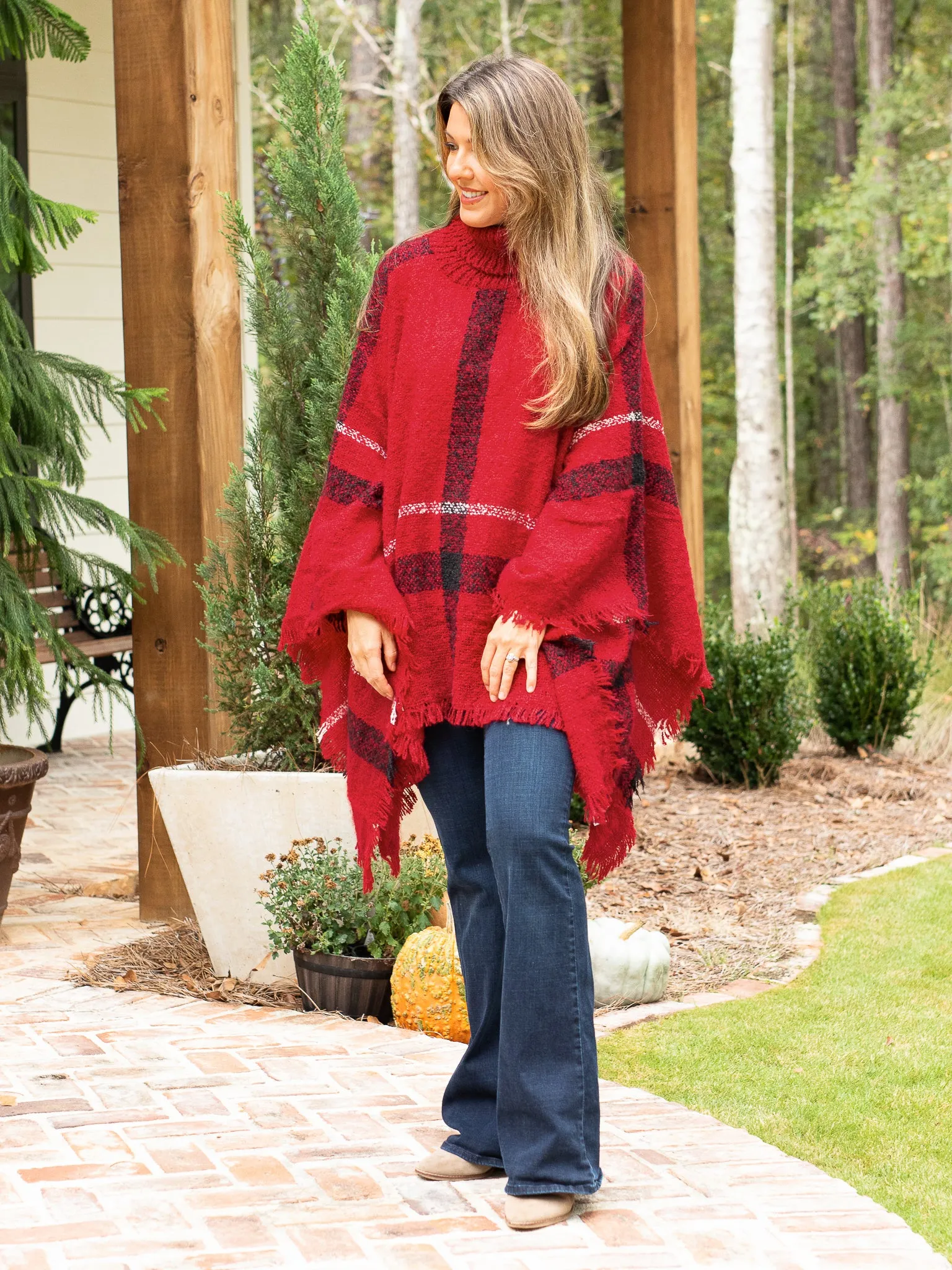 Easy On Me Plaid Turtle Neck Poncho - Red