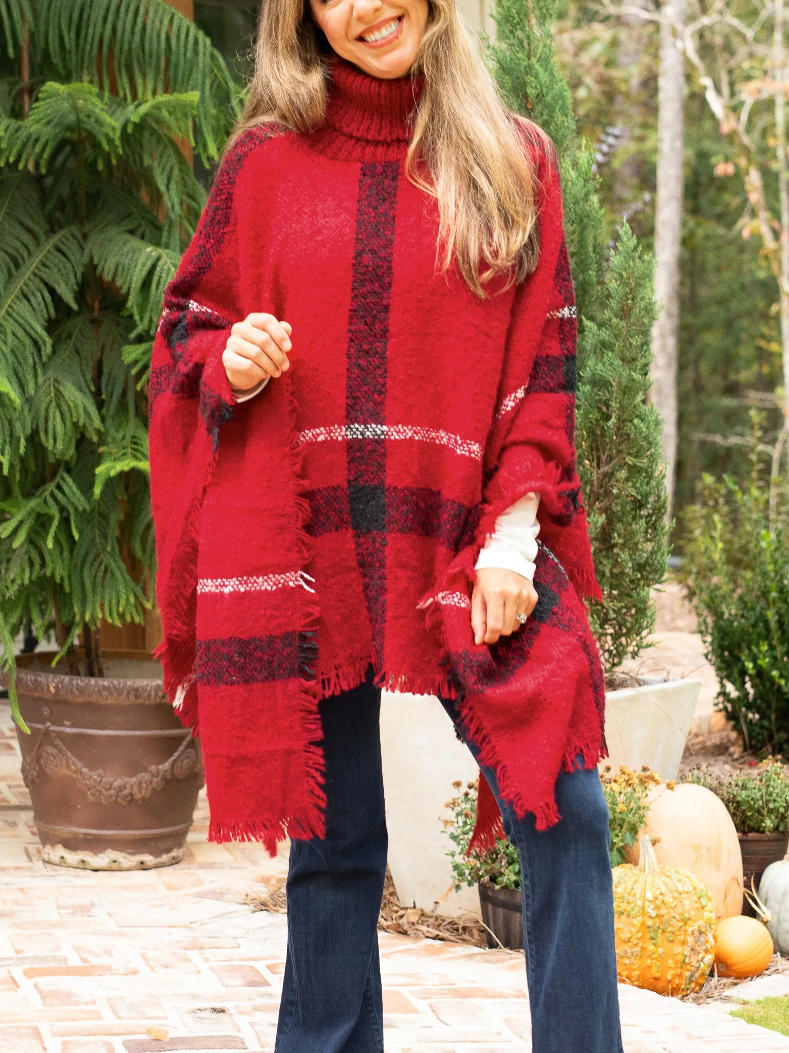 Easy On Me Plaid Turtle Neck Poncho - Red