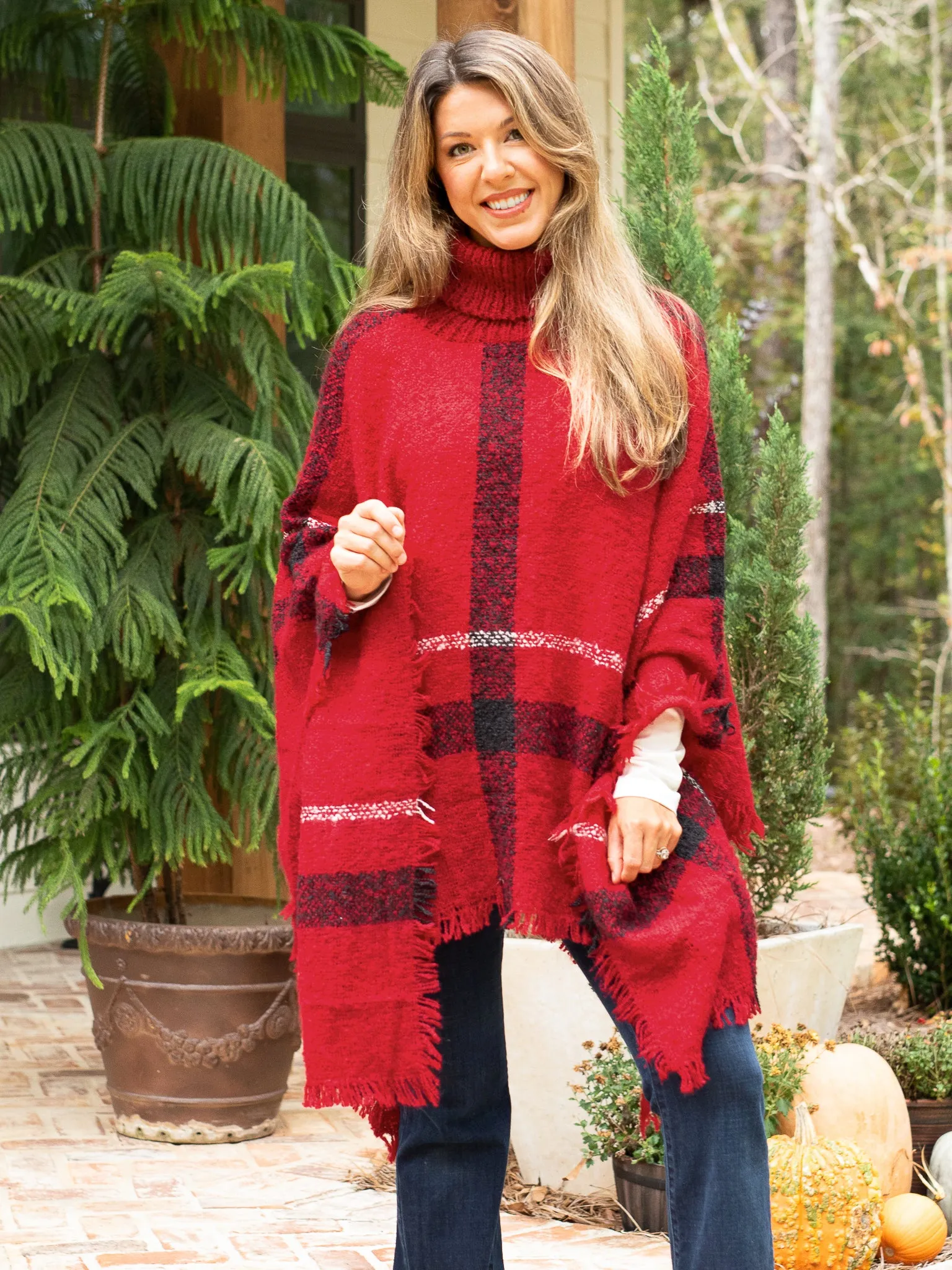 Easy On Me Plaid Turtle Neck Poncho - Red