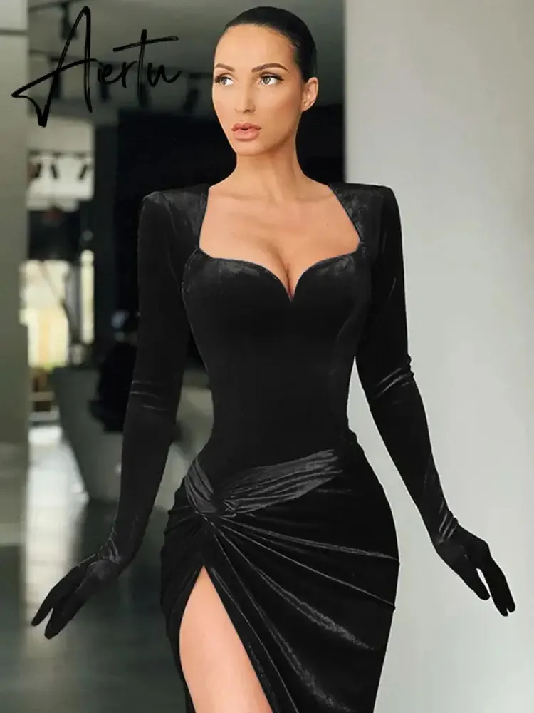 Elegant Gown Long Dress Evening Club Outfits for Women Gloves Sleeve Velvet Sexy Slit Maxi Dresses Ruched Dresses