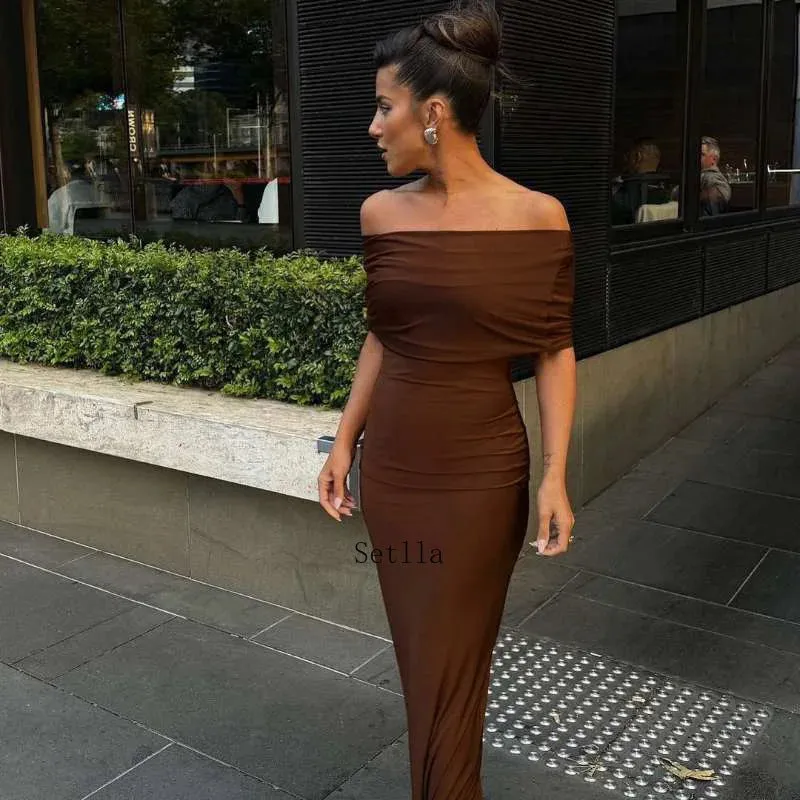 Elegant Off Shoulder Back Split Maxi Dress with Ruched Detail