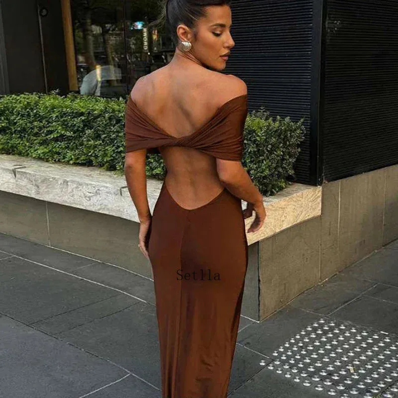 Elegant Off Shoulder Back Split Maxi Dress with Ruched Detail