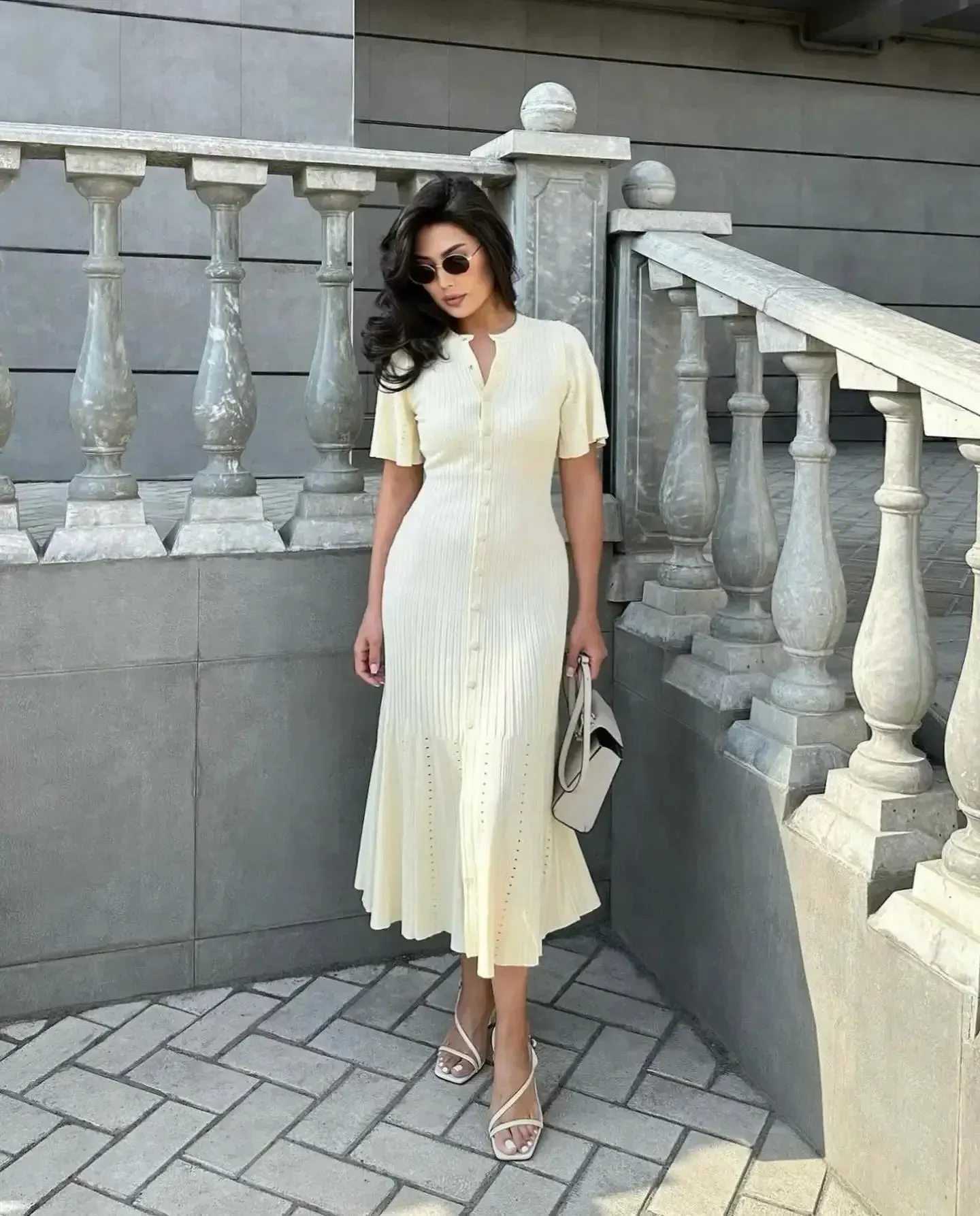 Elegant Solid Pleated Hem Women Knit Midi Dress Chic O-neck Short Sleeve Single-breasted Hip Wrap Dresses Lady High Street Robes