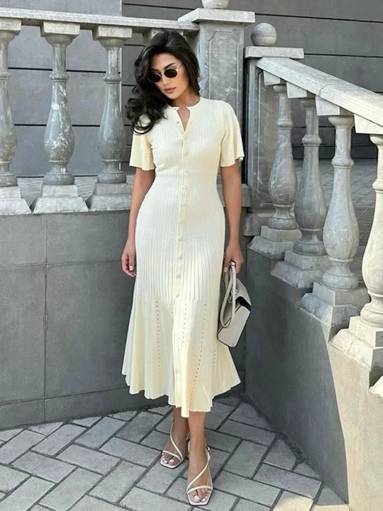 Elegant Solid Pleated Hem Women Knit Midi Dress Chic O-neck Short Sleeve Single-breasted Hip Wrap Dresses Lady High Street Robes