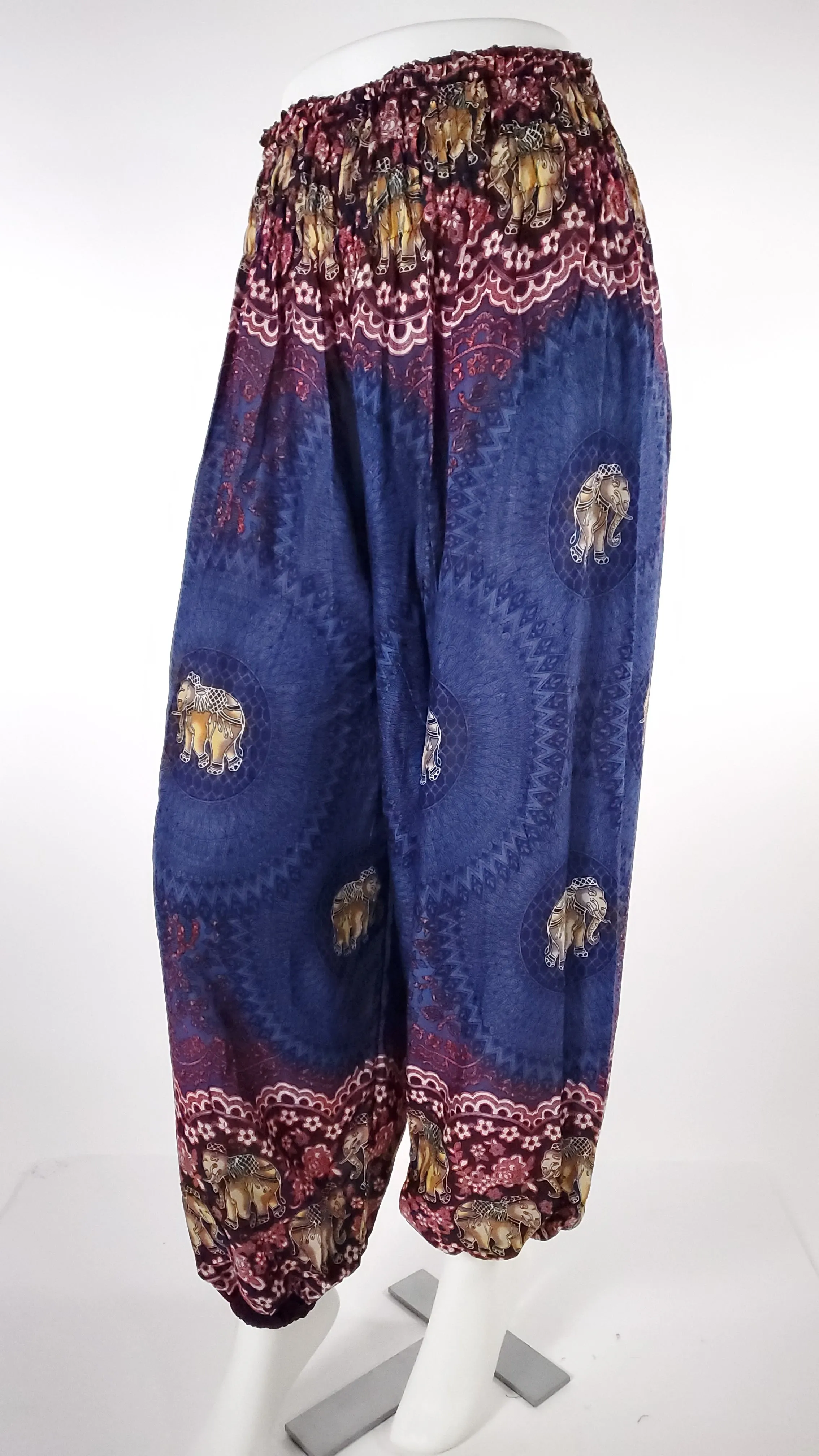 Elephant Design Straight Leg Harem Pants in Blue