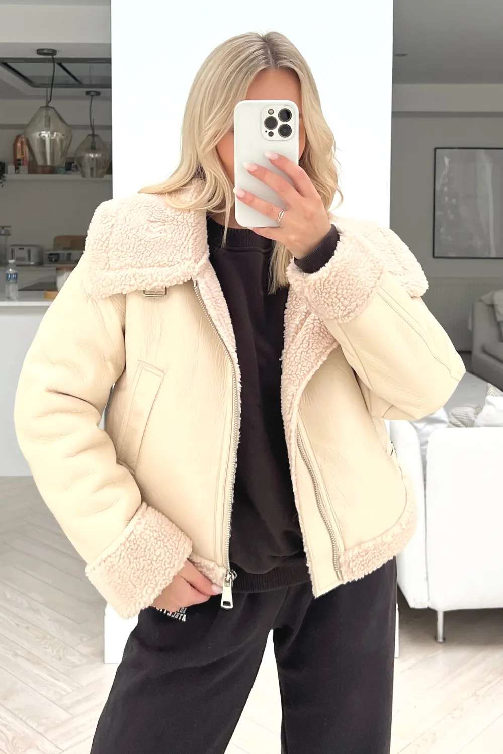 Ellie cream & beige pu leather shearling aviator jacket