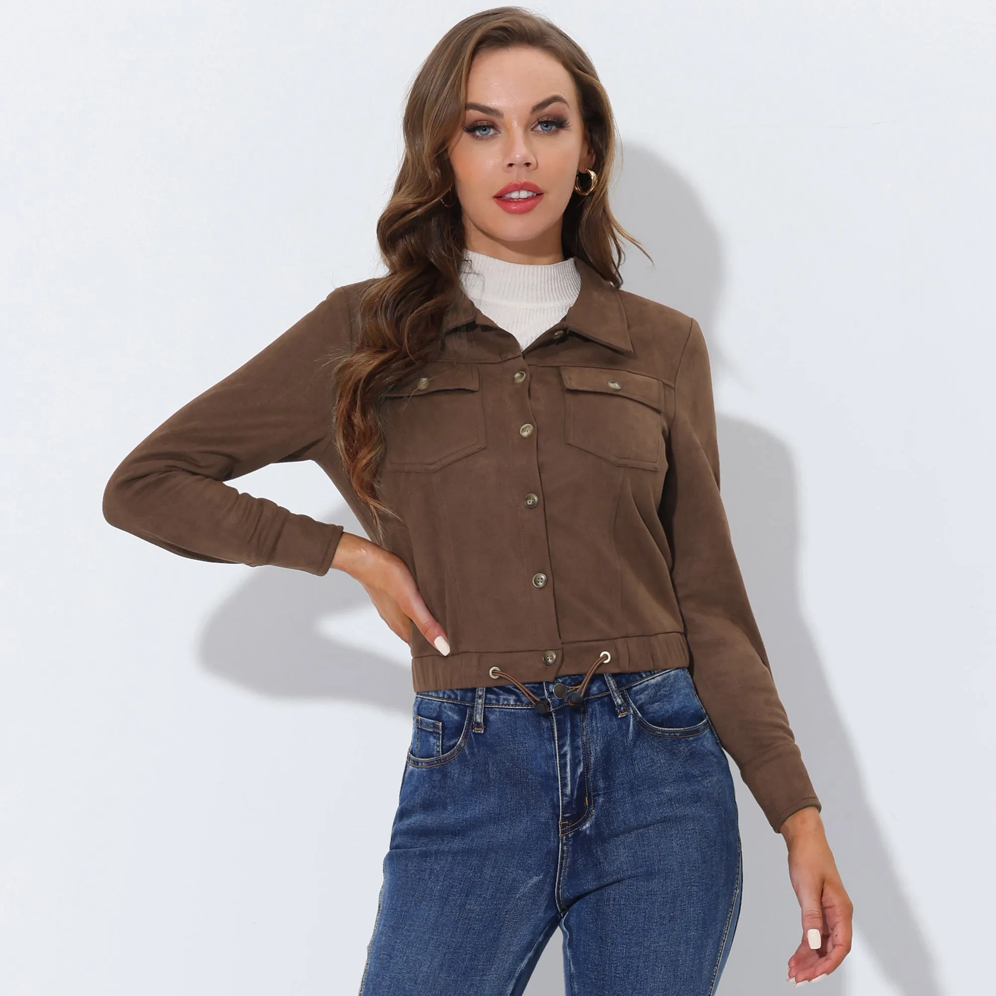 Faux Suede Point Collar Button Down Cropped Moto Biker Jacket