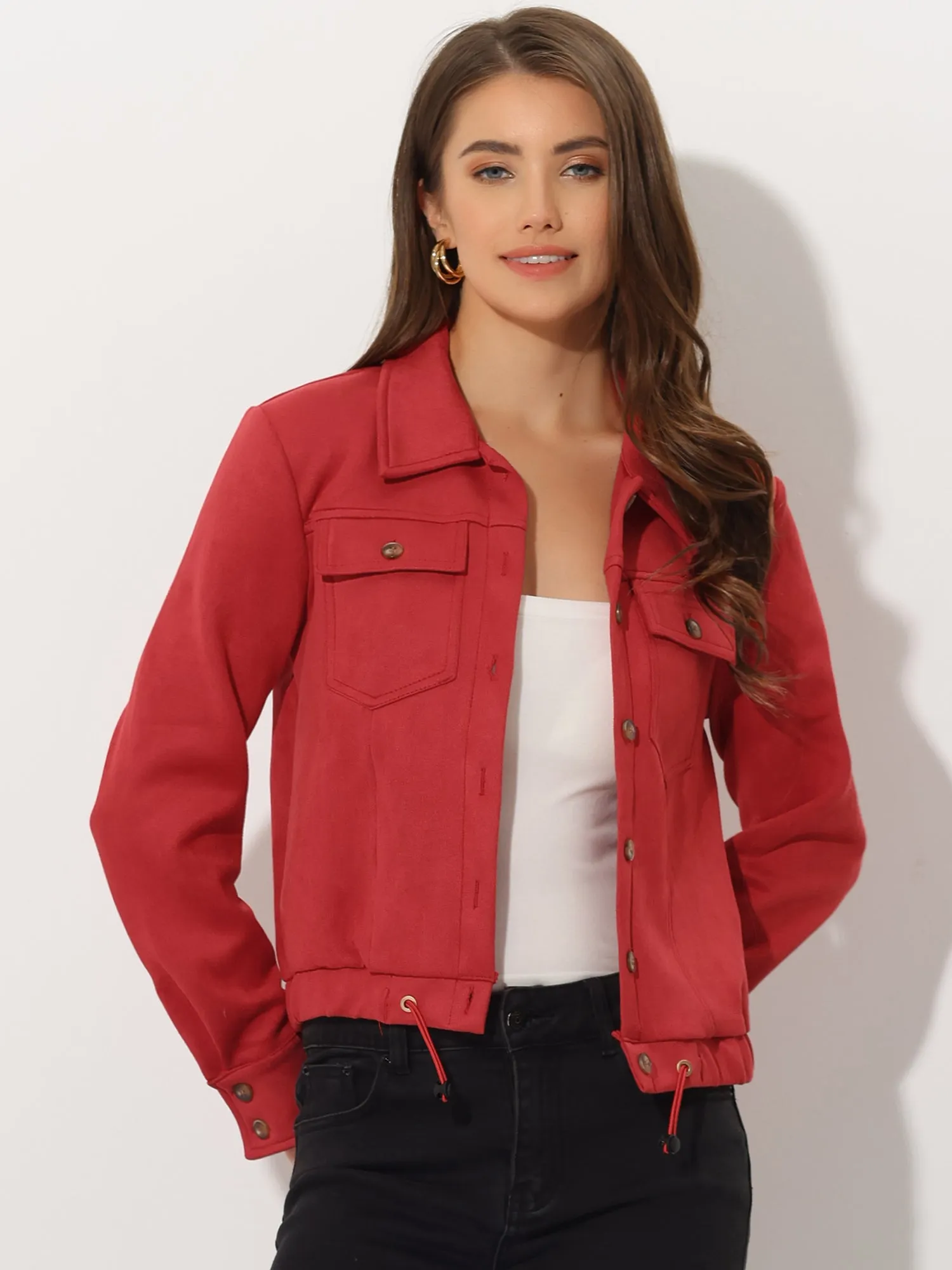 Faux Suede Point Collar Button Down Cropped Moto Biker Jacket