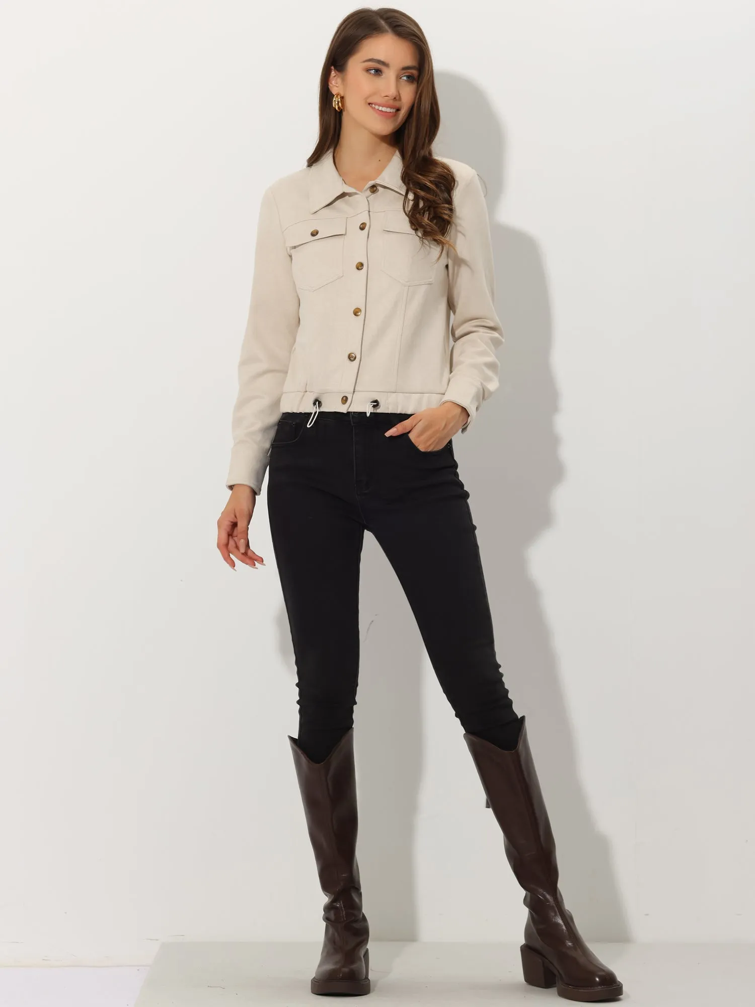 Faux Suede Point Collar Button Down Cropped Moto Biker Jacket