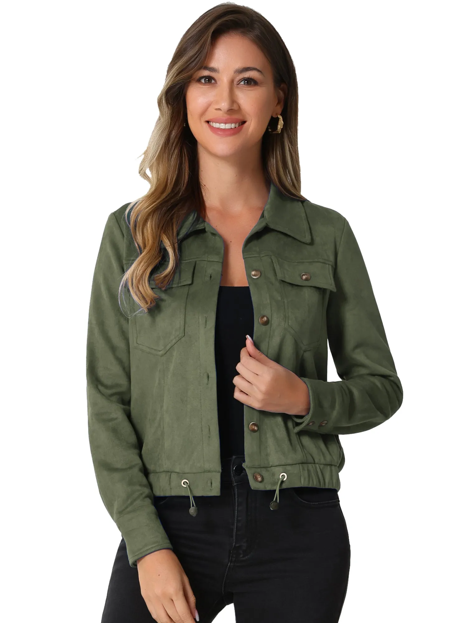 Faux Suede Point Collar Button Down Cropped Moto Biker Jacket