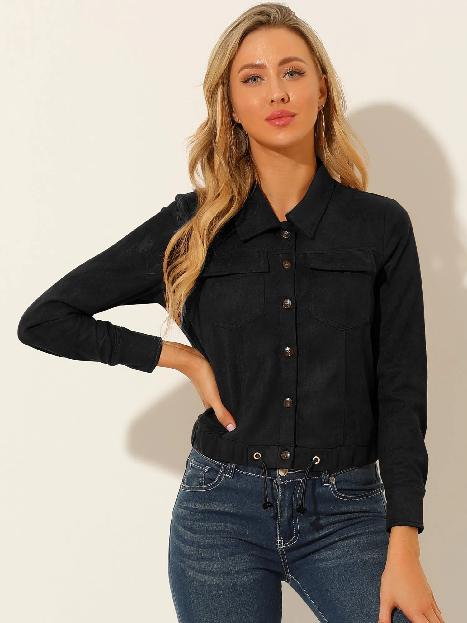 Faux Suede Point Collar Button Down Cropped Moto Biker Jacket