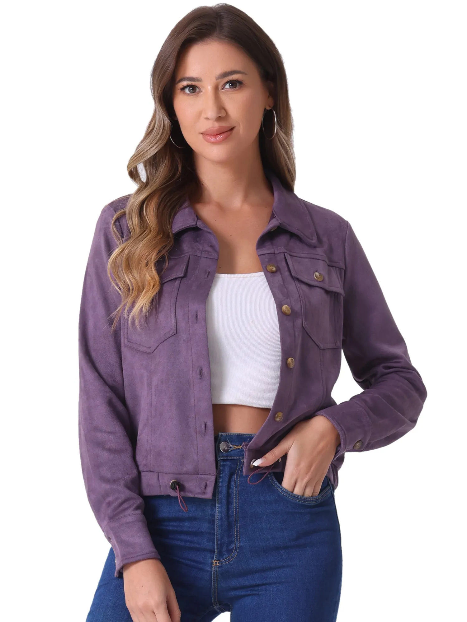 Faux Suede Point Collar Button Down Cropped Moto Biker Jacket