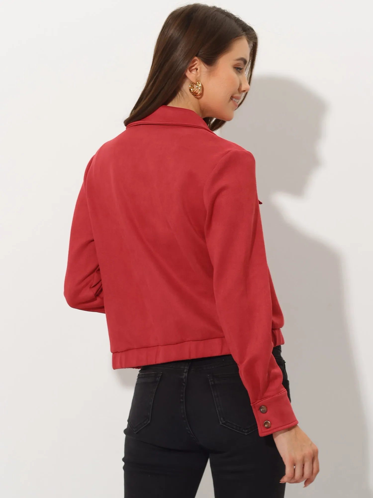 Faux Suede Point Collar Button Down Cropped Moto Biker Jacket