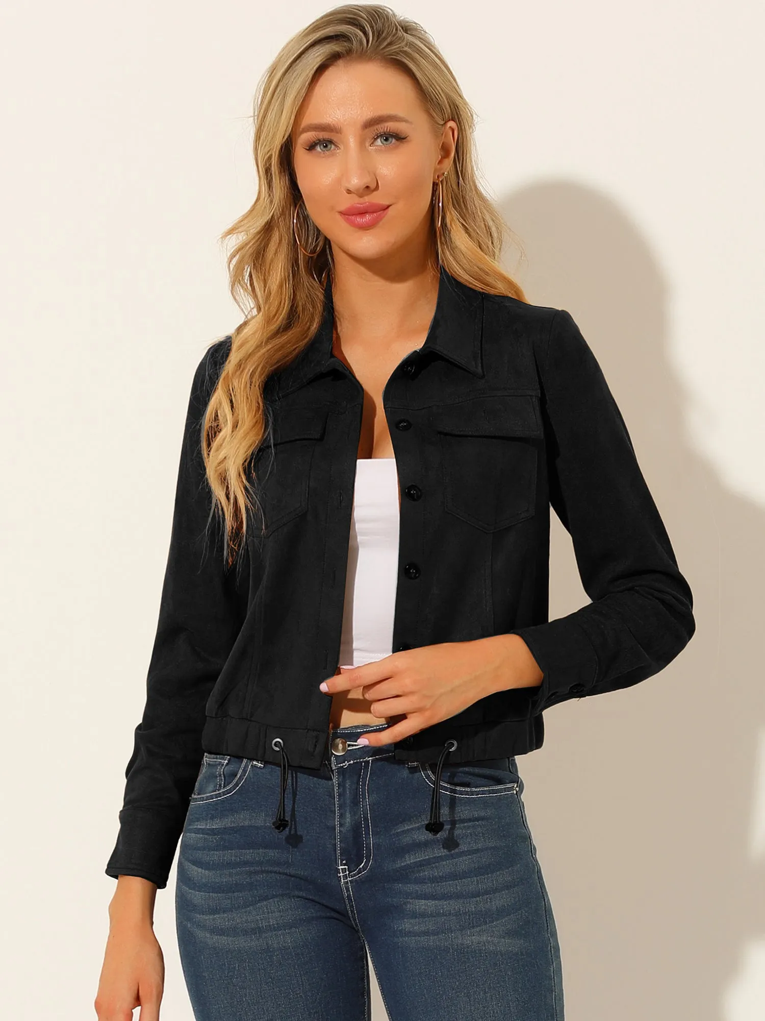 Faux Suede Point Collar Button Down Cropped Moto Biker Jacket