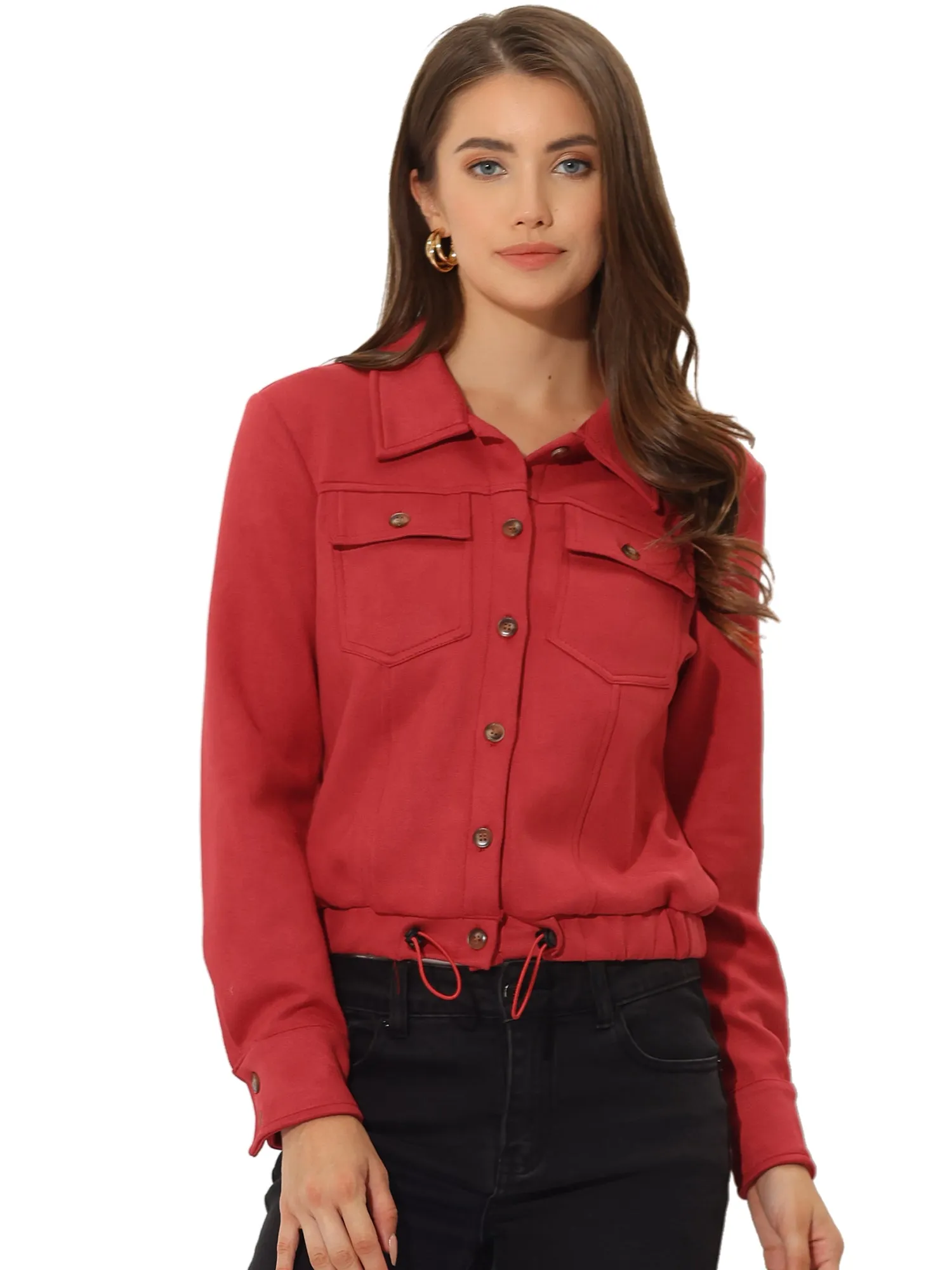 Faux Suede Point Collar Button Down Cropped Moto Biker Jacket