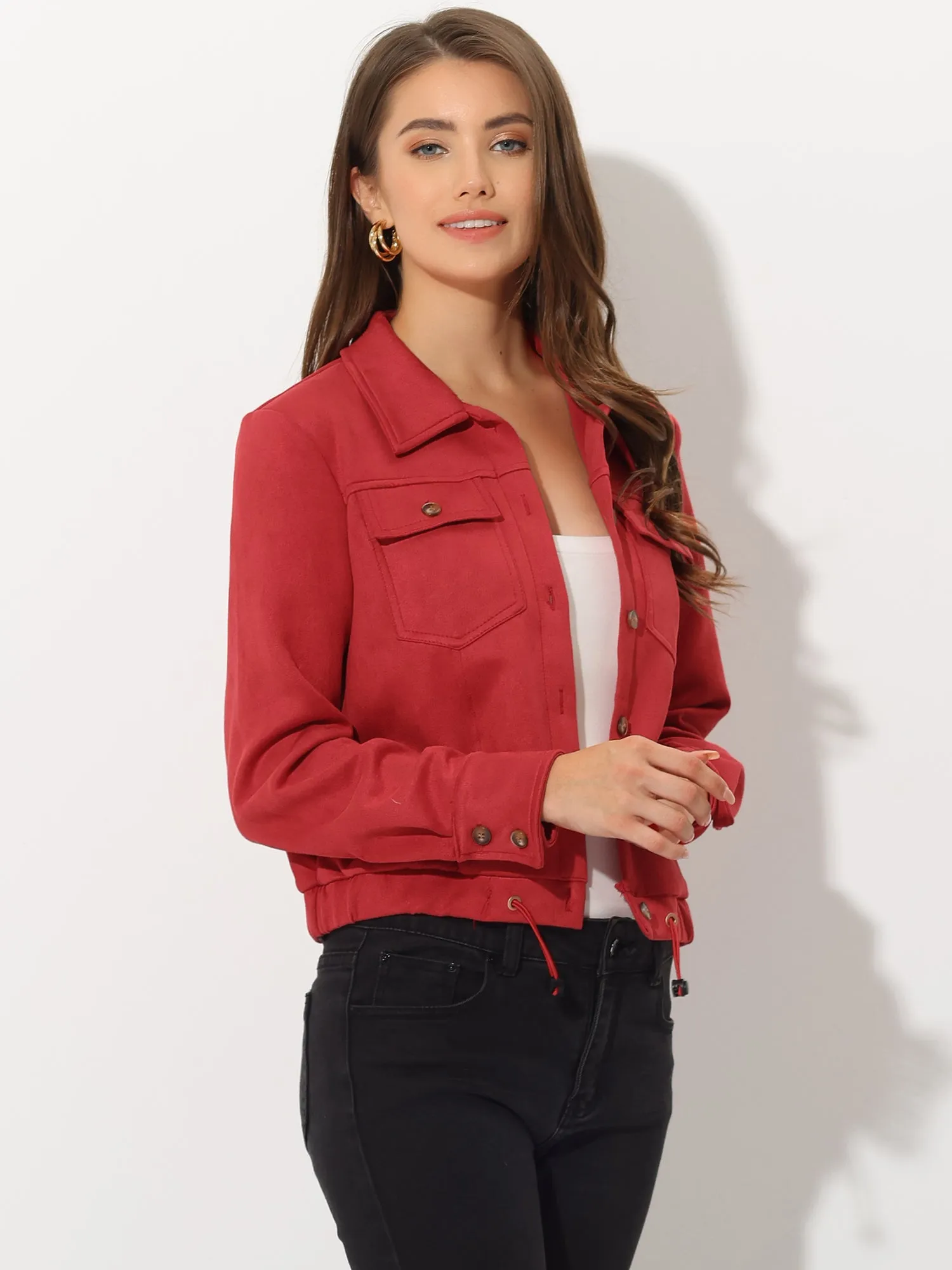 Faux Suede Point Collar Button Down Cropped Moto Biker Jacket