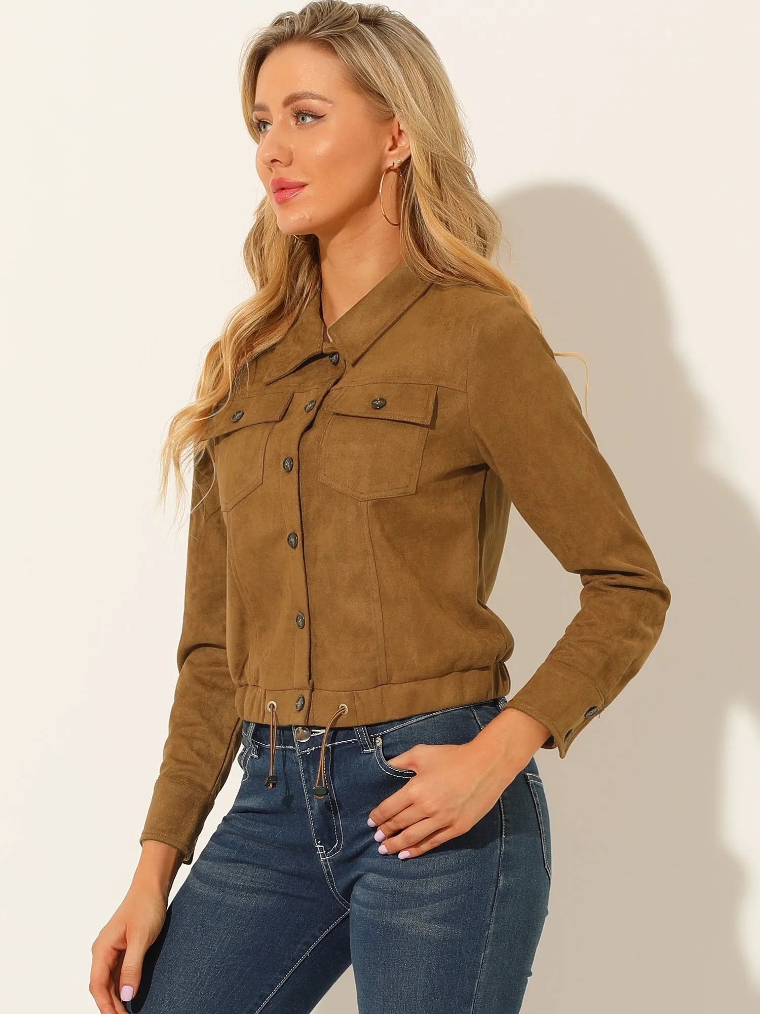 Faux Suede Point Collar Button Down Cropped Moto Biker Jacket