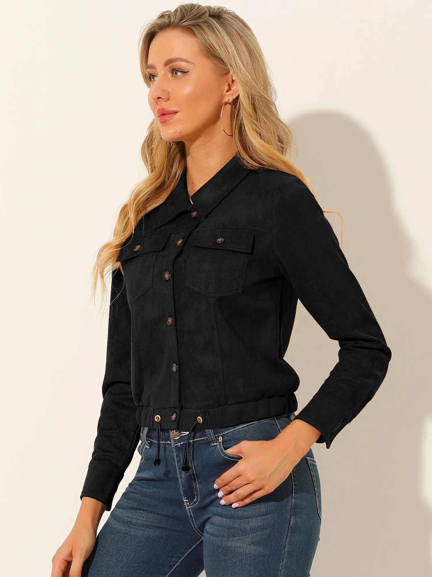 Faux Suede Point Collar Button Down Cropped Moto Biker Jacket