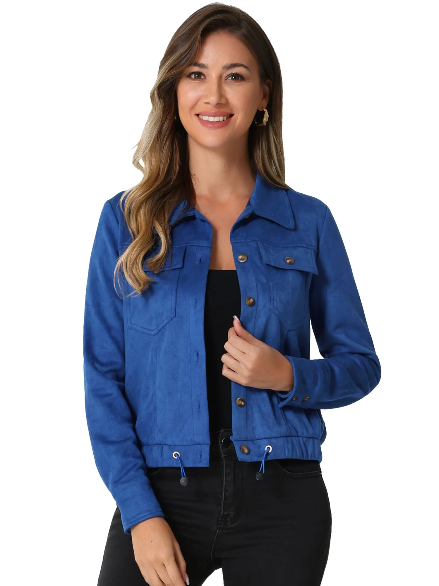 Faux Suede Point Collar Button Down Cropped Moto Biker Jacket