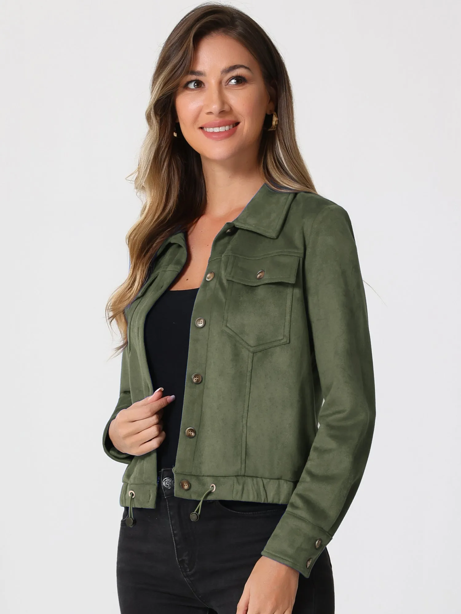 Faux Suede Point Collar Button Down Cropped Moto Biker Jacket