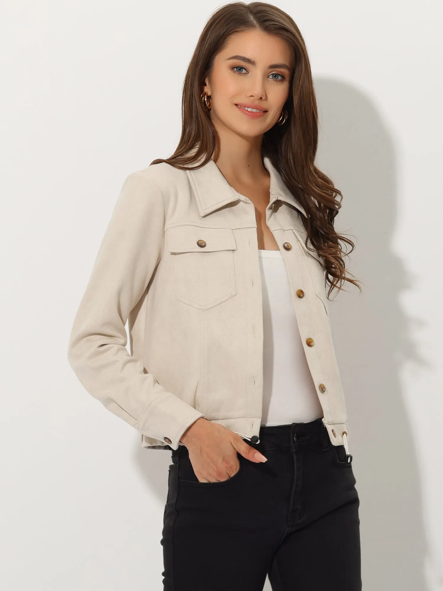 Faux Suede Point Collar Button Down Cropped Moto Biker Jacket