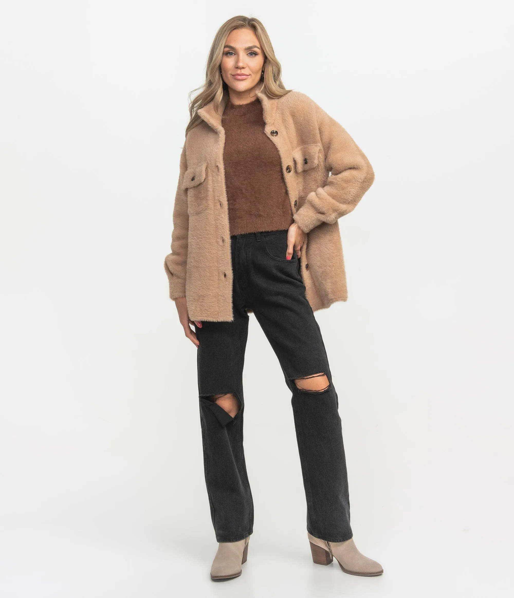 Feather Knit Shacket - Mocha Tan