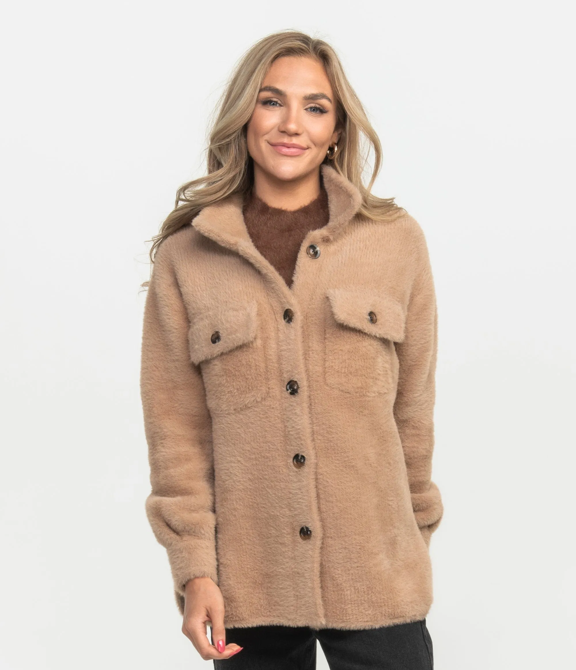 Feather Knit Shacket - Mocha Tan