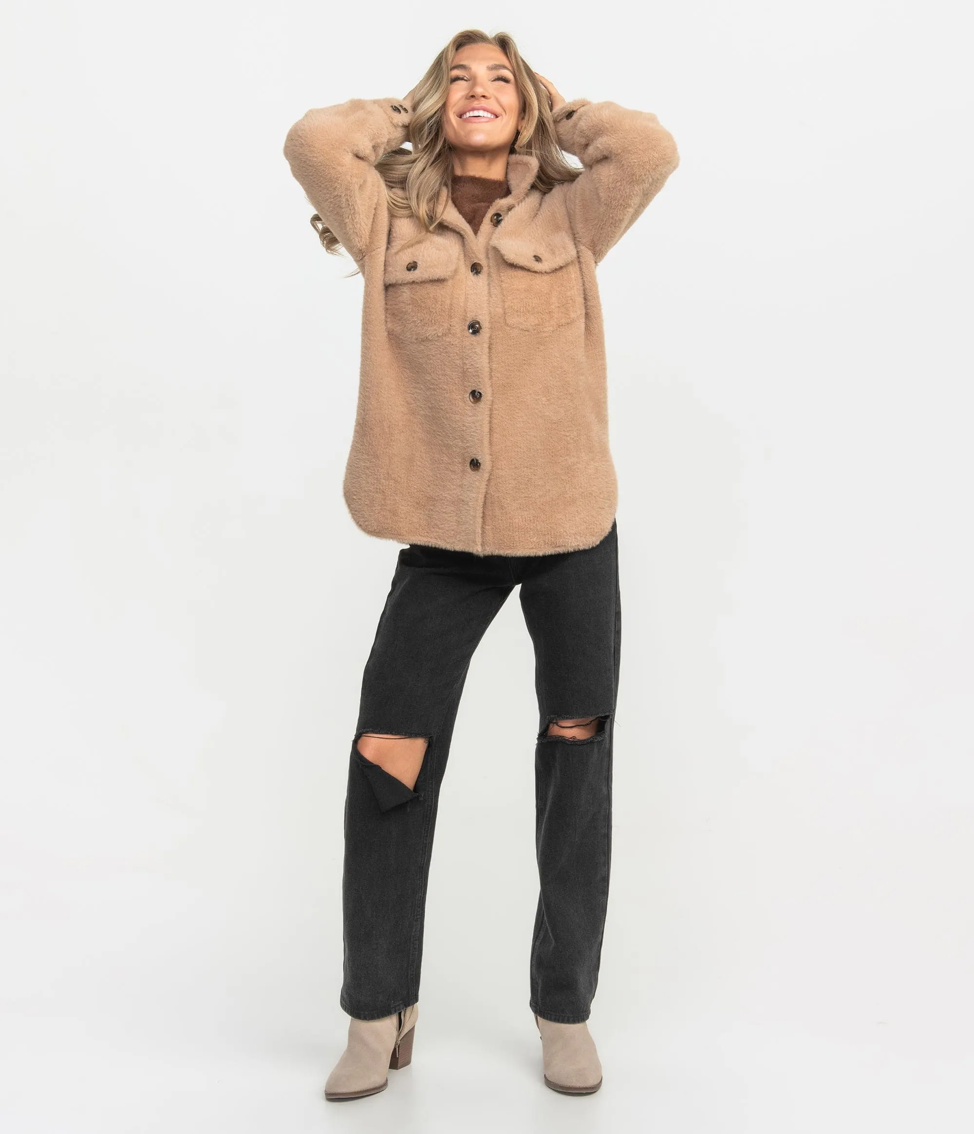 Feather Knit Shacket - Mocha Tan