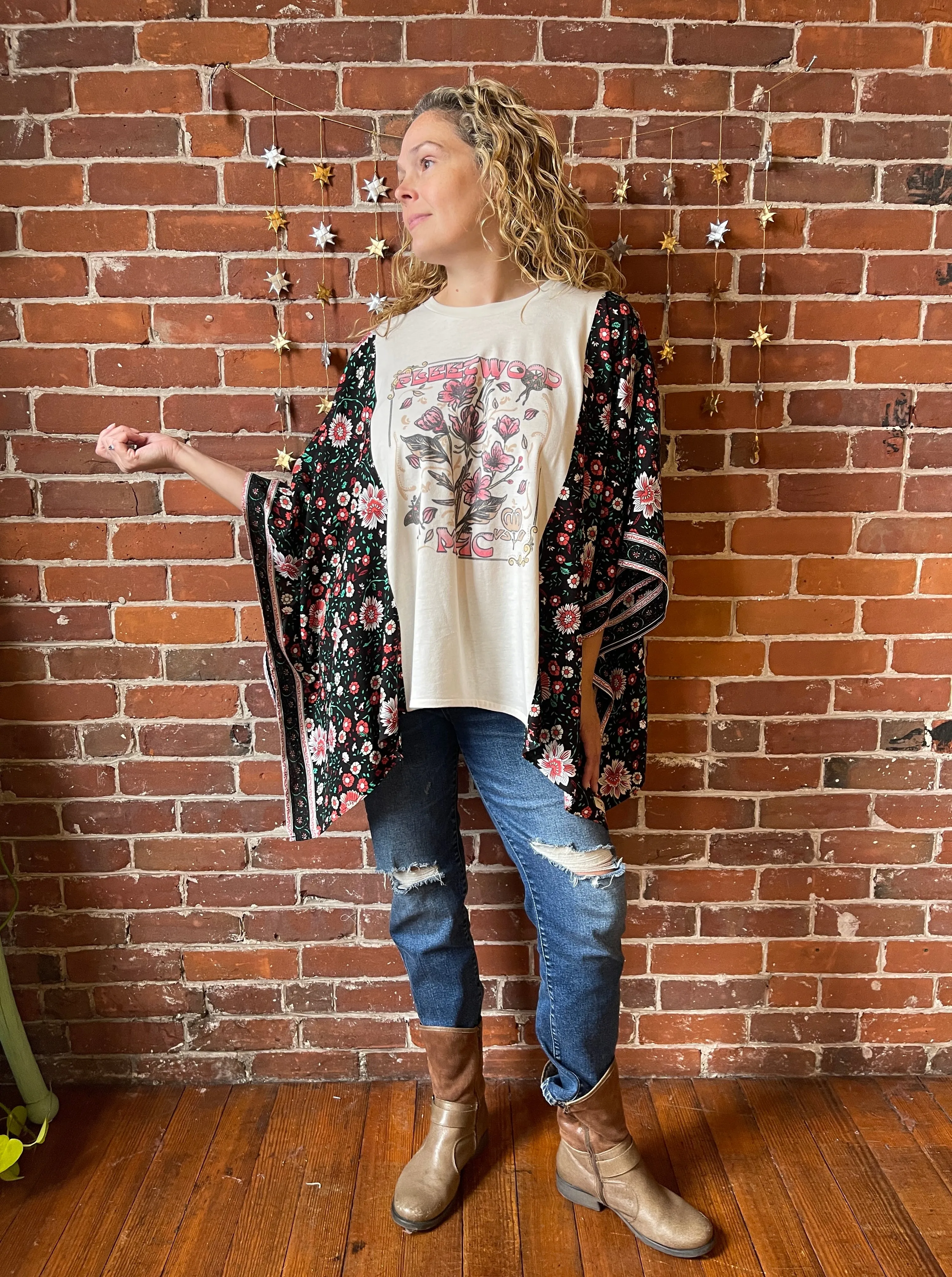 Fleetwood Mac Inspired Floral Black Poncho