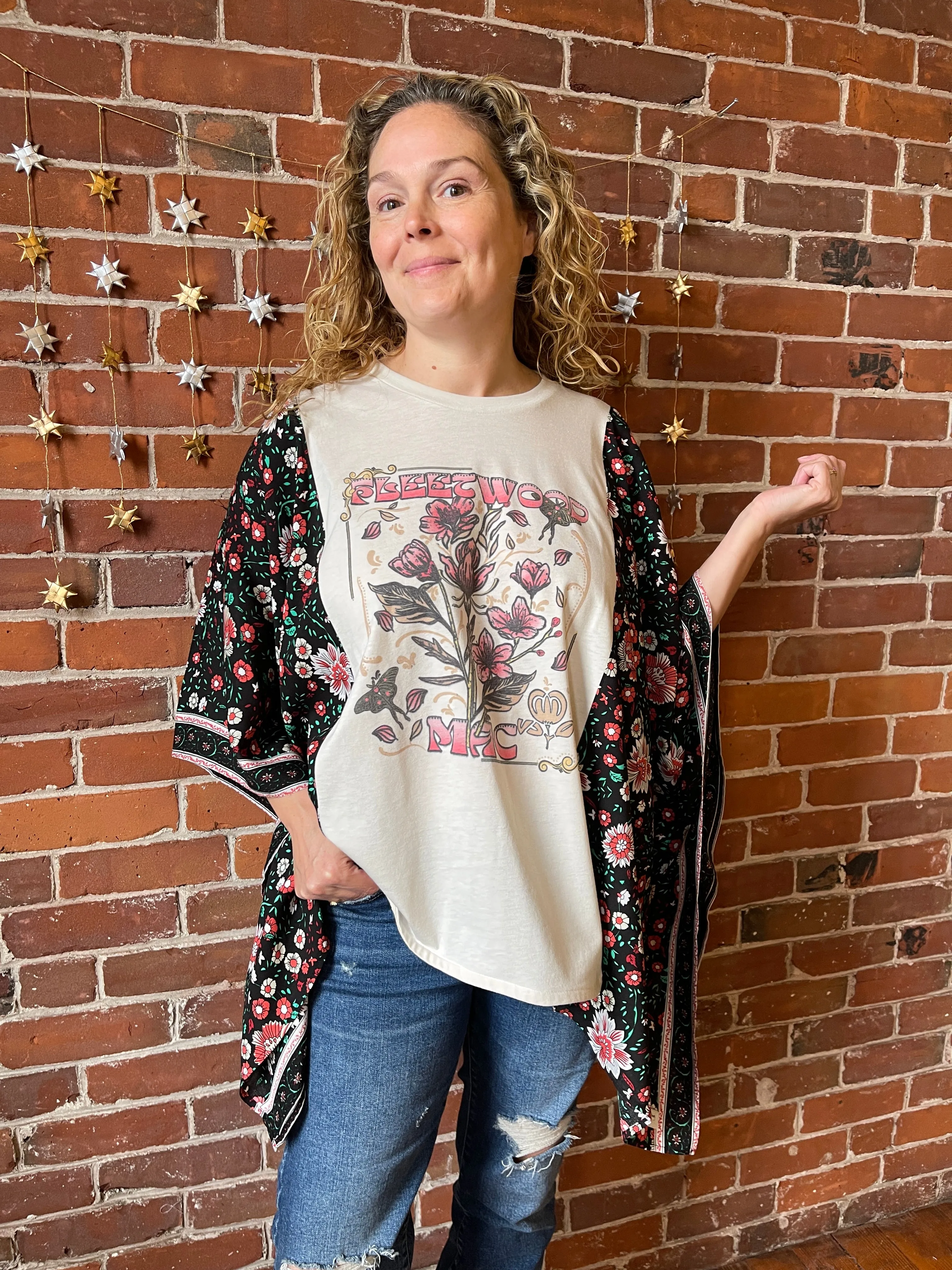 Fleetwood Mac Inspired Floral Black Poncho