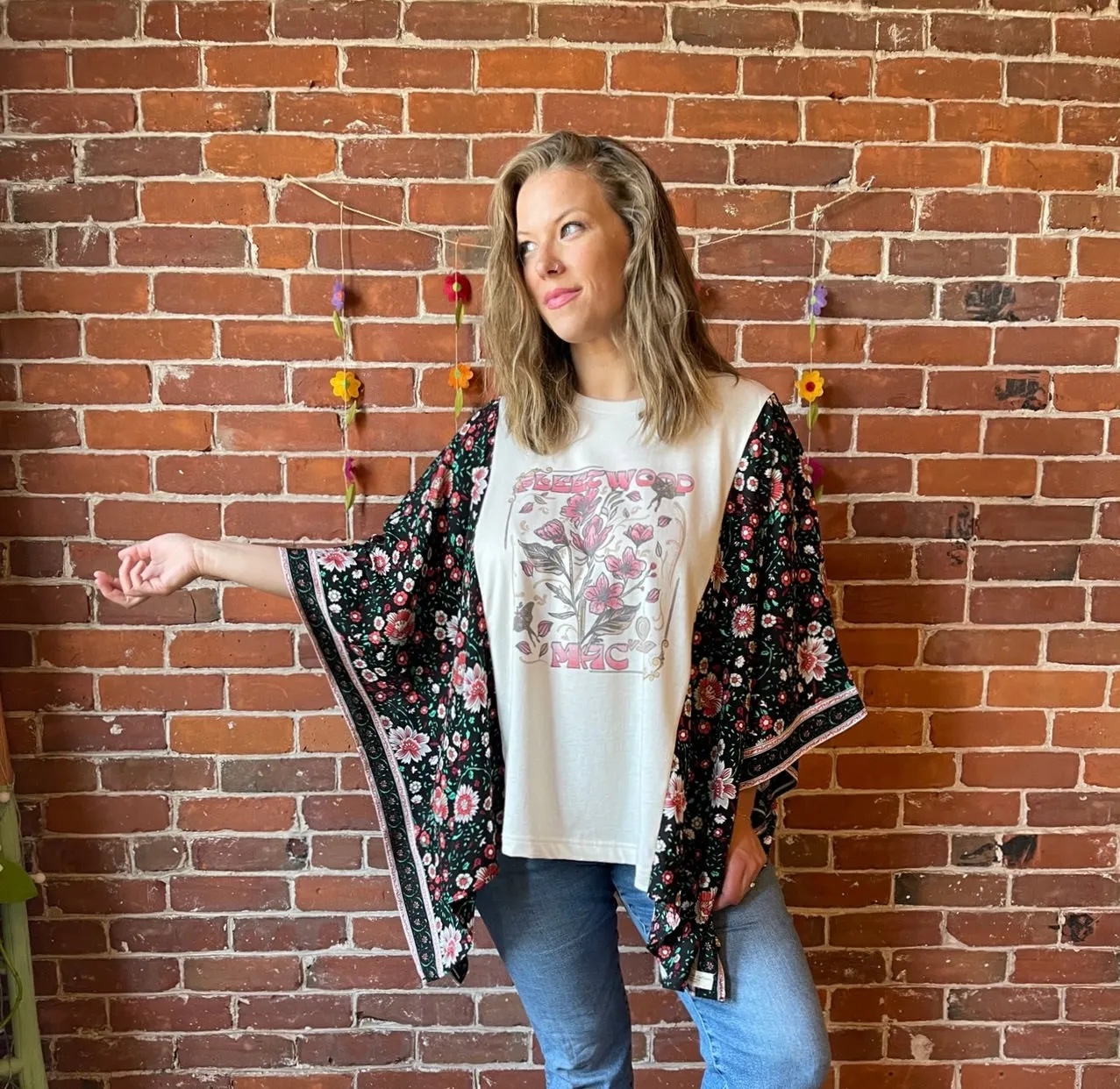 Fleetwood Mac Inspired Floral Black Poncho