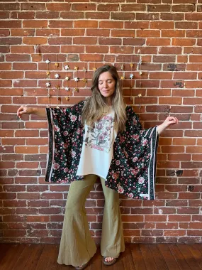 Fleetwood Mac Inspired Floral Black Poncho