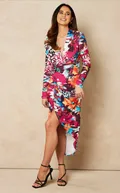 Forever pinks multi print slinky high low wrap midi dress