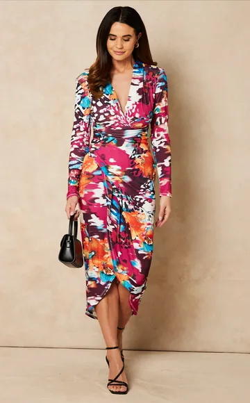 Forever pinks multi print slinky high low wrap midi dress