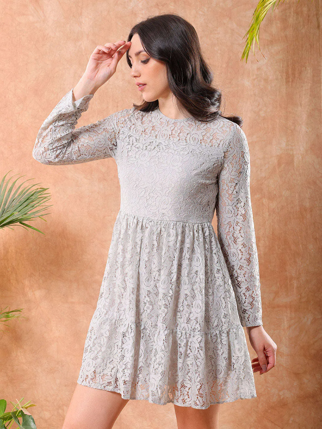 Freehand Women Grey Fit and Flare Lace Round Neck Tiered Dress