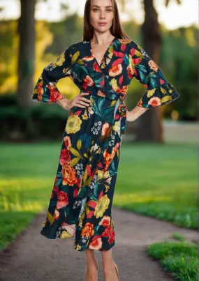 Frill Wrap Dress - Multi Dark Green/Yellow Floral