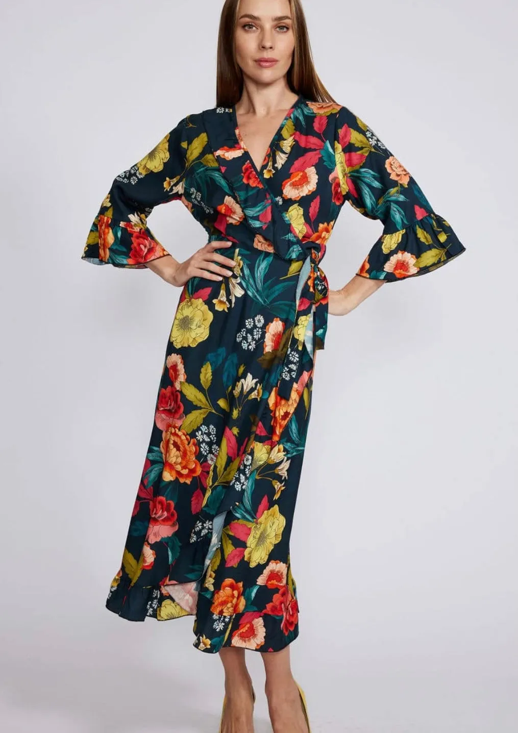 Frill Wrap Dress - Multi Dark Green/Yellow Floral