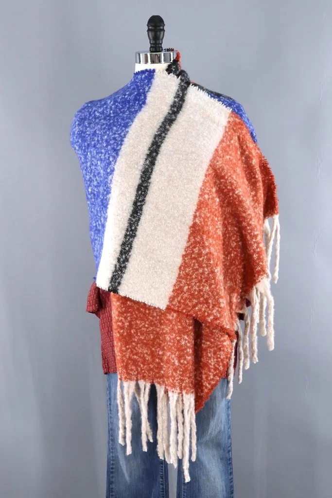 Fuzzy Fringed Shawl / Blue & Orange Stripes