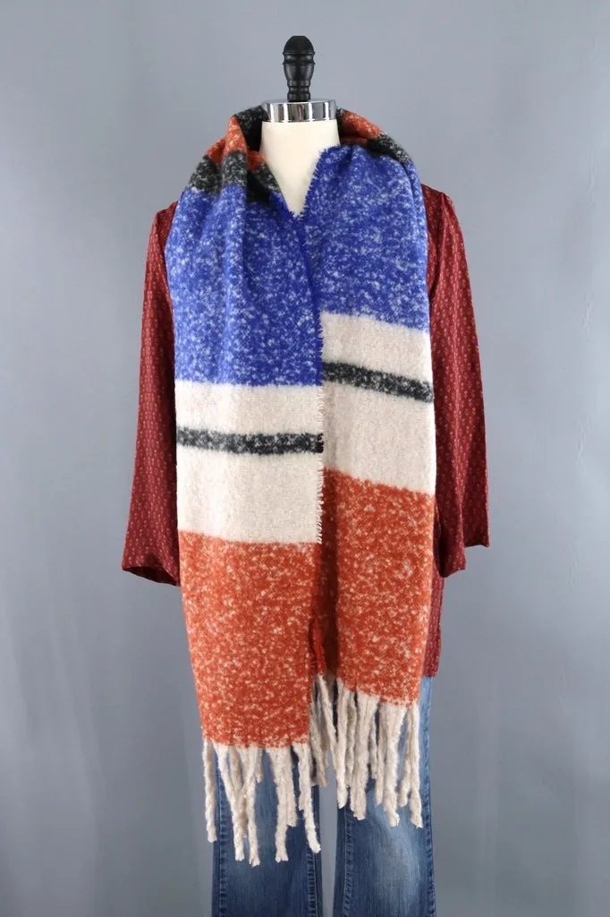 Fuzzy Fringed Shawl / Blue & Orange Stripes