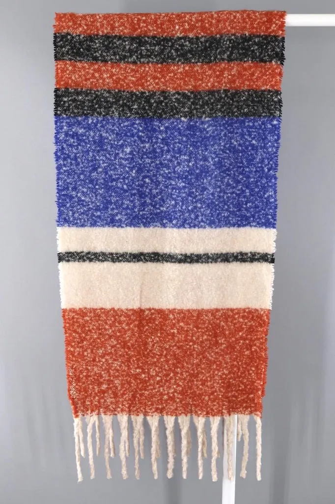 Fuzzy Fringed Shawl / Blue & Orange Stripes