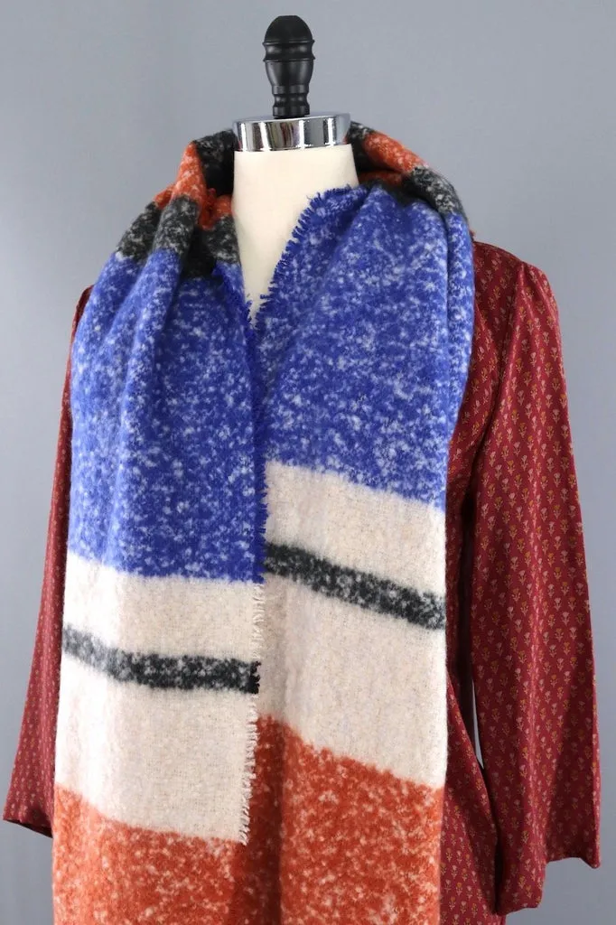 Fuzzy Fringed Shawl / Blue & Orange Stripes