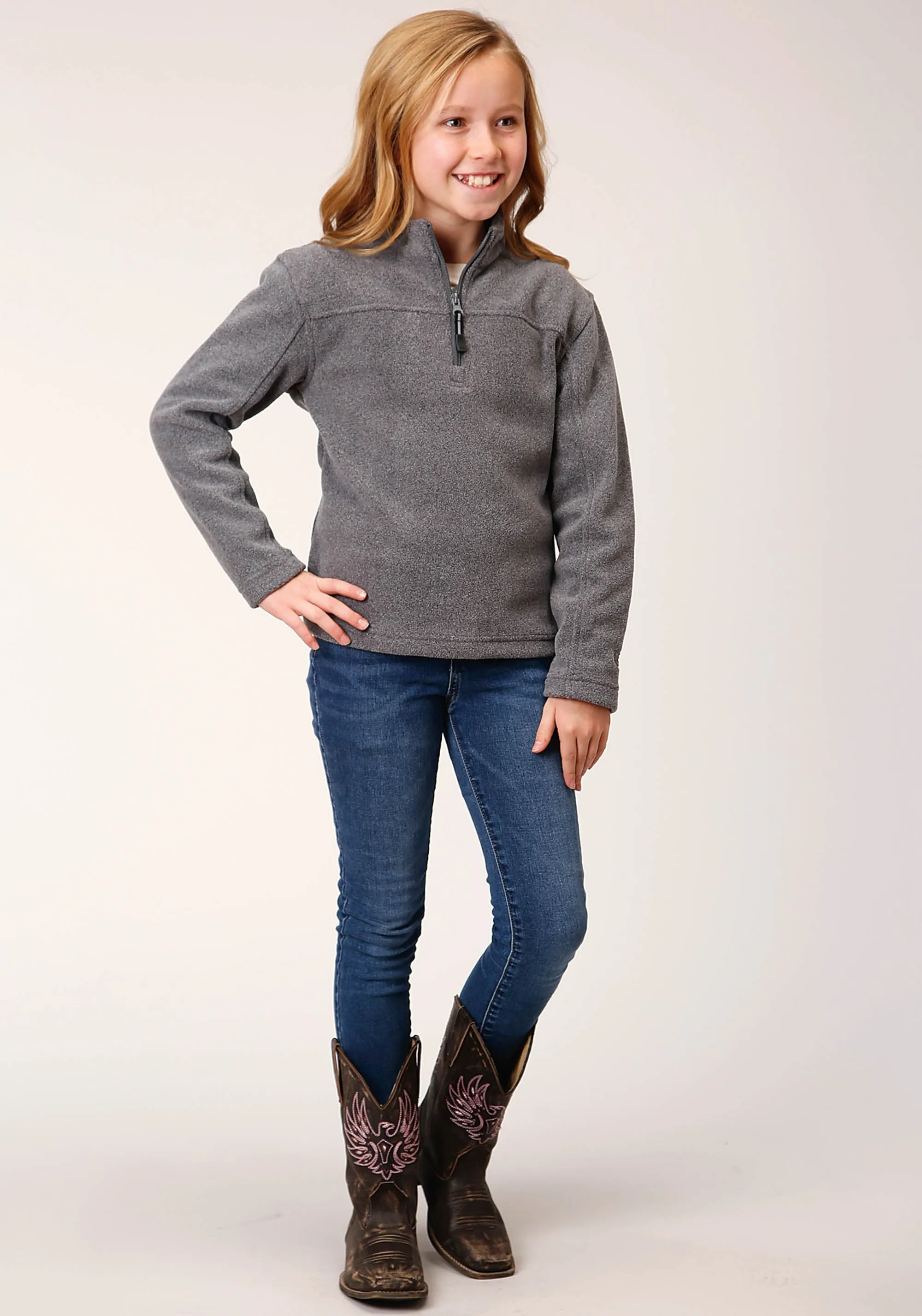 GIRLS  HEATHERED CHARCOAL MICRO POLAR FLEECE PULLOVER